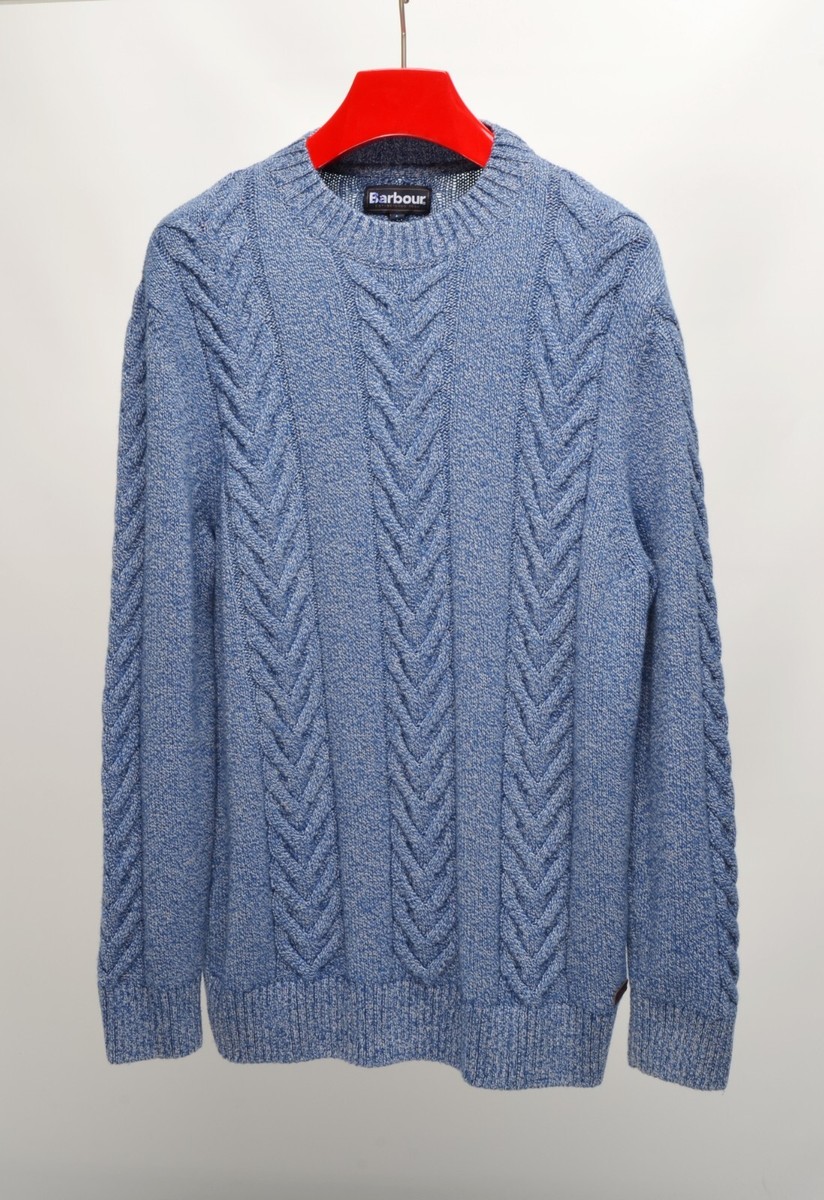 Men’s Barbour Essential Wool Blend Blue Marl Chunky Cable Knit Crew Jumper  Sz L