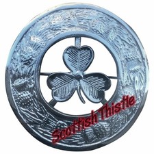 Men's Irish Shamrock Kilt Fly Plaid Brooch Chrome Finish 3" Celtic Pin & Brooch