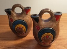 Pair Vtg Indian Wedding Double Pitchers Native American Pottery Medicine Vases