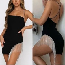 White Fox Boutique Showstopper Rhinestone Fringe Little Black Dress - M