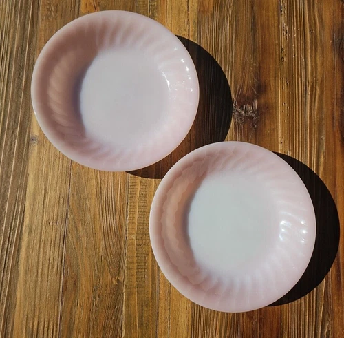 2 VINTAGE FIRE KING PINK SWIRL SOUP BOWLS  7 5/8" OVENWARE EXCELLENT