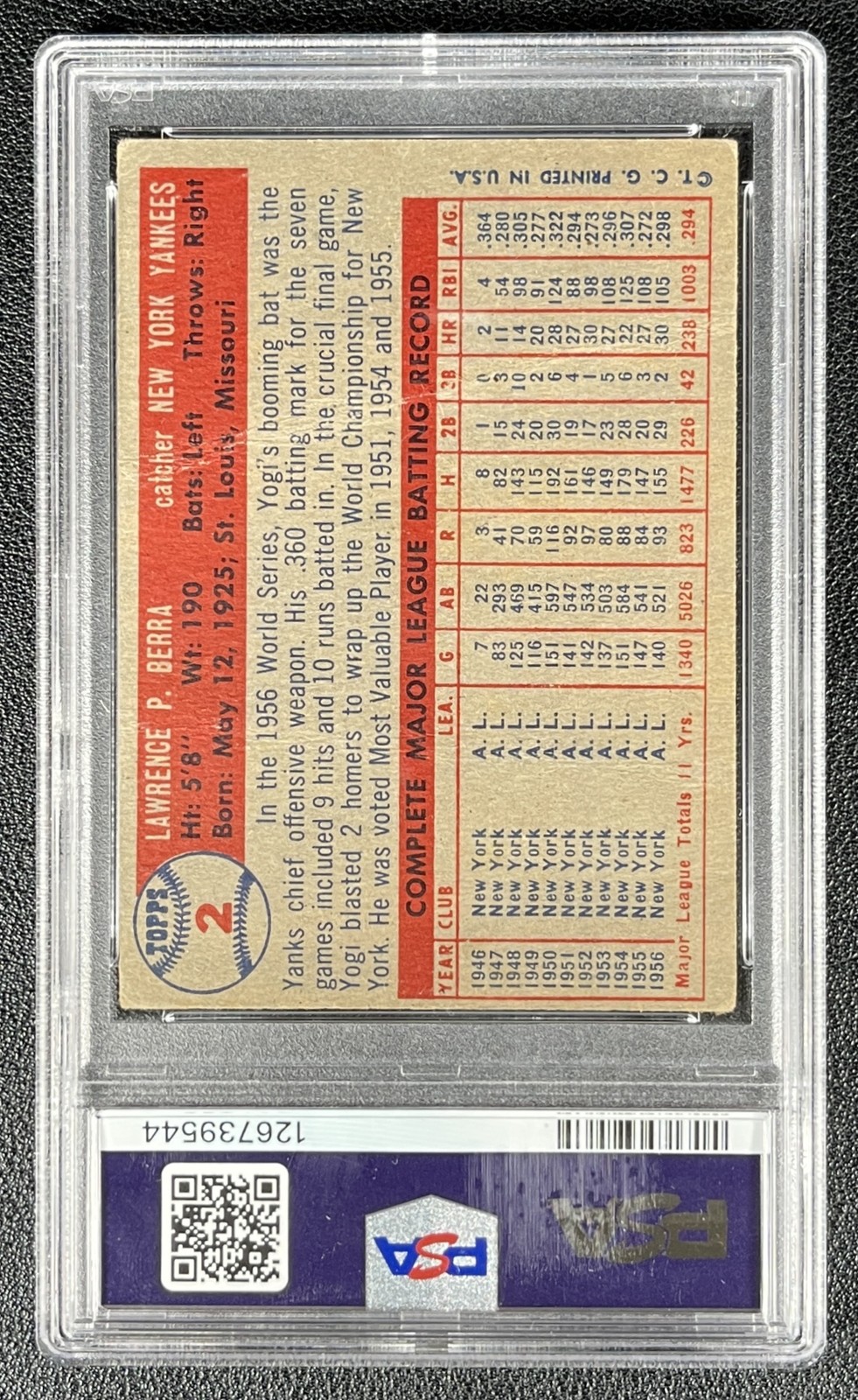 YOGI BERRA PSA DNA AUTH 1957 TOPPS #2 AUTOGRAPH AUTO YANKEES 9544 view 2