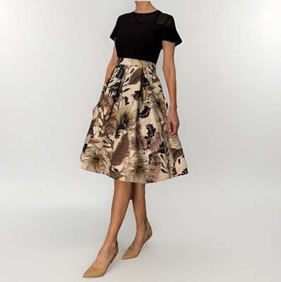 Rinascimento Dress sz M Floral Flare Botanical Leaf Zip Party Beige/Black Midi