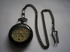 Mechanische Skelett Taschenuhr zum Aufziehen + Kette,  Sprungdeckel, Sammlung!
