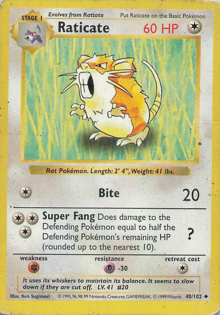 Raticate Unlimited Uncommon Base Set (Shadowless) 040/102 HP