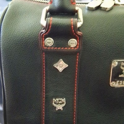 MCM Studded Logo Mini Boston Bag in Black Leather with Red