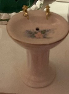 Dollhouse Miniature Pedestal Sink White Pink Flower Porcelain 1:12 Scale