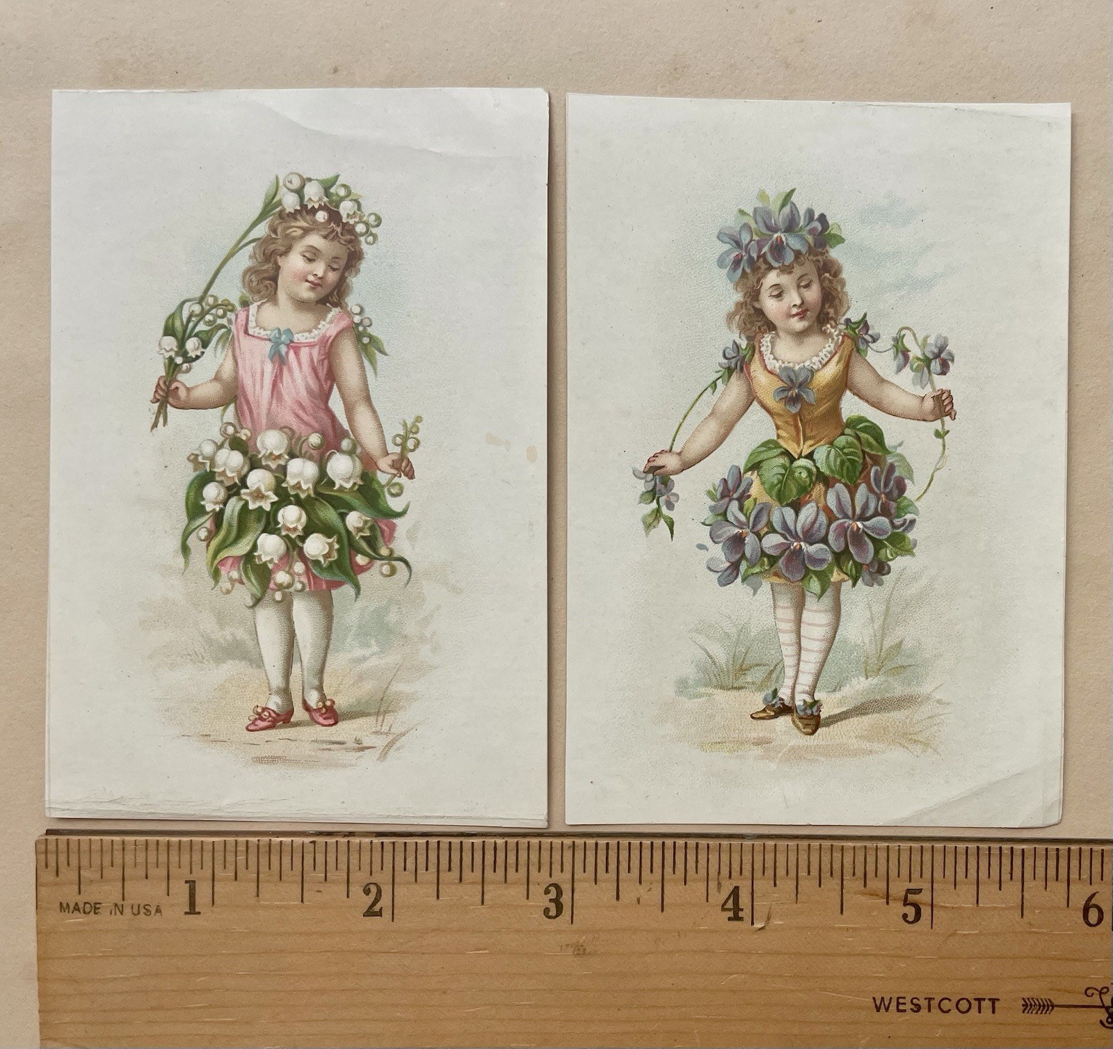 Antique Victorian Chromolithograth Flower Fairies Violet Lily Of Valley
