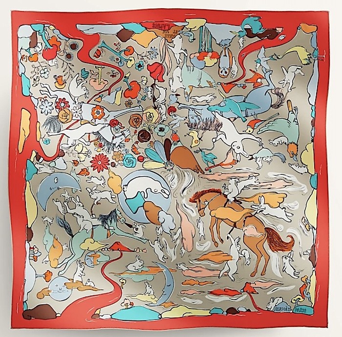 HERMES カレ Mille et un Lapins スカーフ Hermes Scarf Stole Mille et Un Lapins Red Rabbit Animal Silk Auth