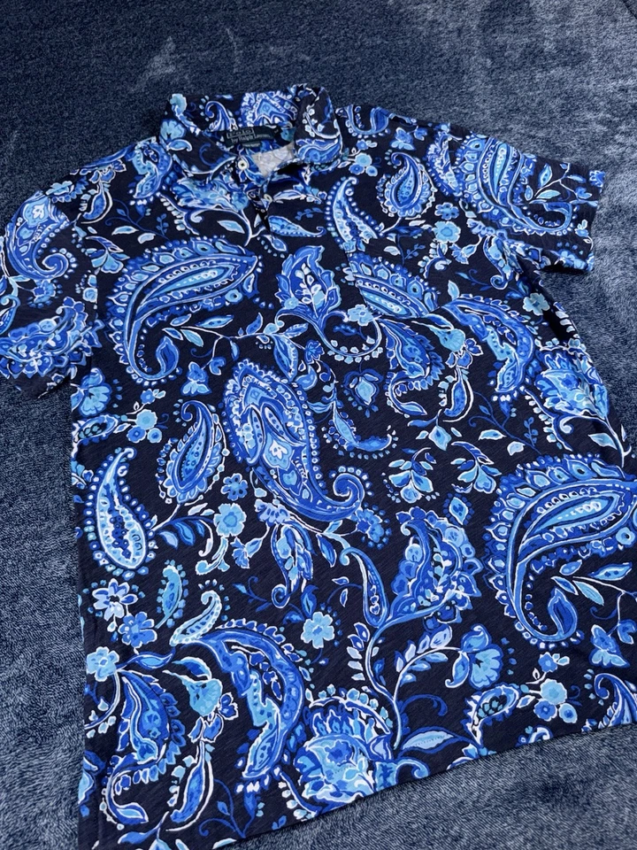 Camisa Polo Ralph Lauren Para Hombre Azul Medio Manga Corta AOP Paisley Y2K De Colección Foto 2 de 4