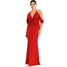 MAYLE VASQUEZ Red Cold Shoulder Ruched Gown S Evening Dress Formal Party Gala