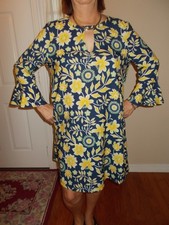 eci New York Women's Beige, Yellow & Navy Blue Floral Dress w/Pockets Size Large