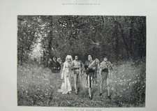 Original Old Antique Print 1876 Wedding Middle Ages Marriage Flowers Trees Art