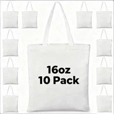 10 Pack Canvas Cotton Tote Bags - 16OZ Ultra Thick Blank DIY Bulk Tote Bags, Reu