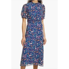 Julia Jordan Midi Dress Womens 12 Blue Floral Chiffon Puff Sleeve Cottagecore