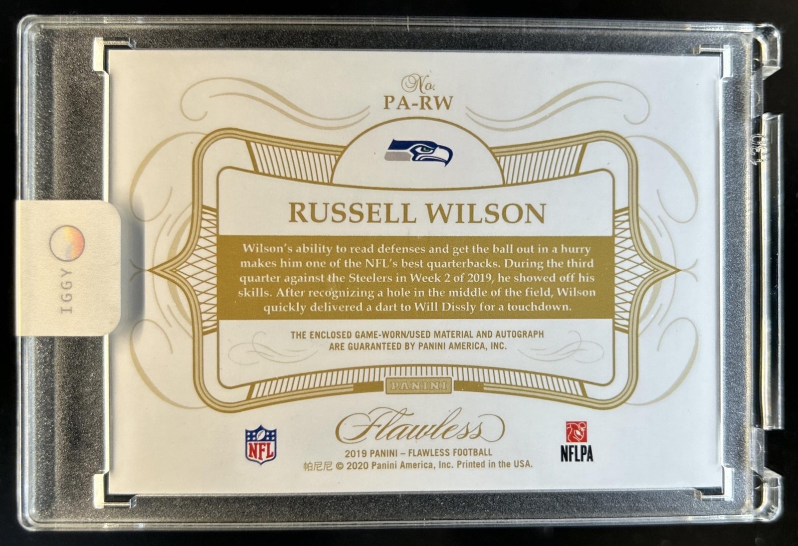 2020 Panini Flawless Russell Wilson 2019 Football Patch Auto Sapphire #/5 view 2