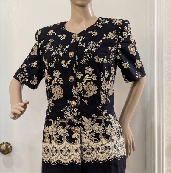 复古优雅 2 件 LESLIE FAY 夹克连衣裙 10 码海军蓝奶油色 Leslie F — 第 2/4 张图片