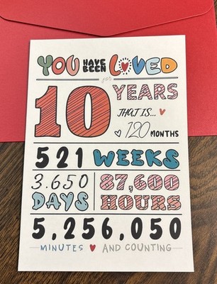 Anniversary Funny 10 Years 120 months 521 Weeks 5 x7  Blank Inside Greeting Card
