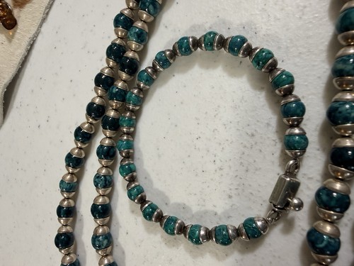 "Collar bola azul/verde vintage de plata esterlina Taxco México 32""~ con pulsera" - Imagen 10 de 11
