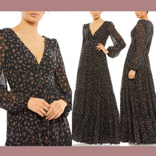 NEW IEENA Mac Duggal [ 10 ] 55431 Floral Tiered Long Sleeve Gown Dress BLK S1015