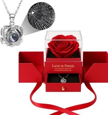 Preserved Red Rose Flowers with Love Necklace Gifts for Women Mom Birthday Prom