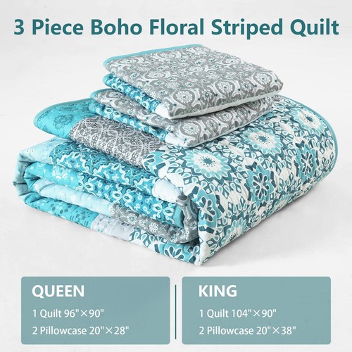 WONGS BEDDING Boho Quilt Set King Size,Teal Bohemian Striped Patchwork Bedspr... - Picture 7 of 7