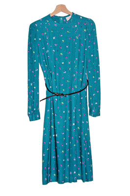 Vtg Tea Dress 80s 40s Joyce Ewing Bradley Rayon Teal Floral Cottagecore Midi