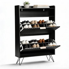 Black Freestanding Shoe Cabinet Two Compartments Two Hooks High Legs