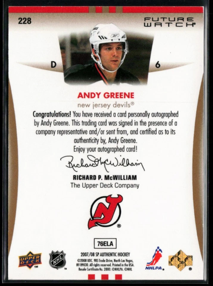 2007-08 SP Authentic #228 Andy Greene RC 327/999 - Image 2 of 2