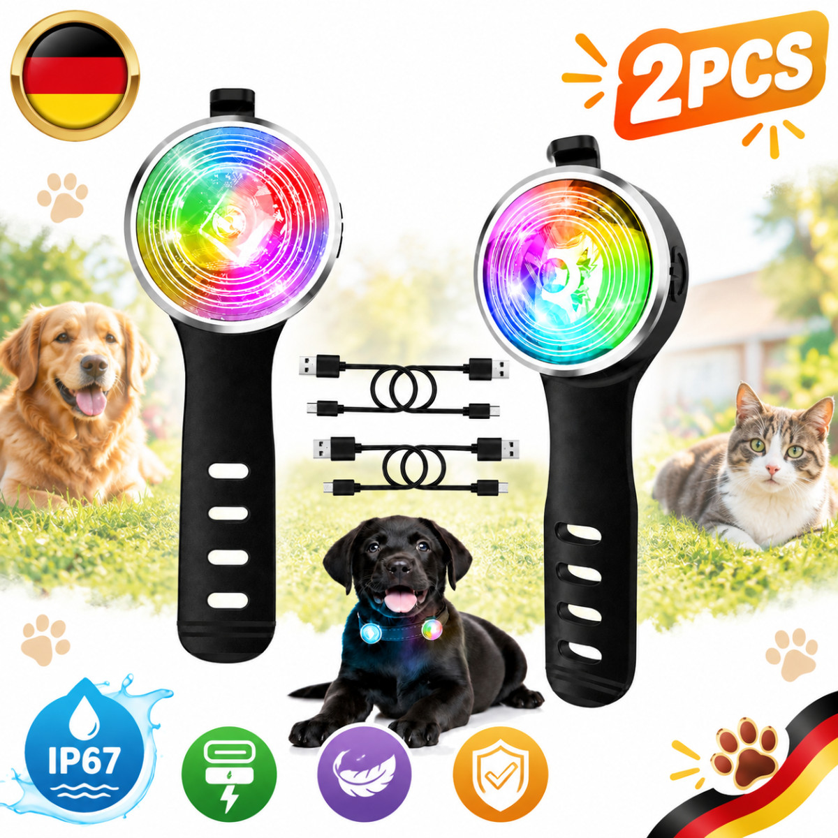 Luci per Cani Set 2 Pezzi 8 Modalità USB-C Ricaricabile Nastro Silicone Accessori Esterno