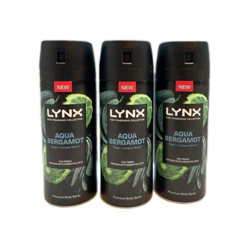 Lynx Fine Fragrance Collection Aqua Bergamot Deodorant Body Spray 150ml, 3 Pack