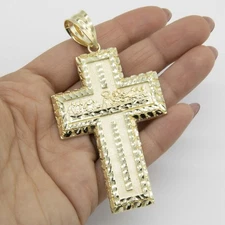 3 3/4" Diamond-Cut Last Supper Nugget Cross Pendant Real Solid 10K Yellow Gold
