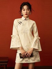 New Chinese Style Women's Cheongsam Dress Long Sleeve Slim Fit A-Line Midi Dress