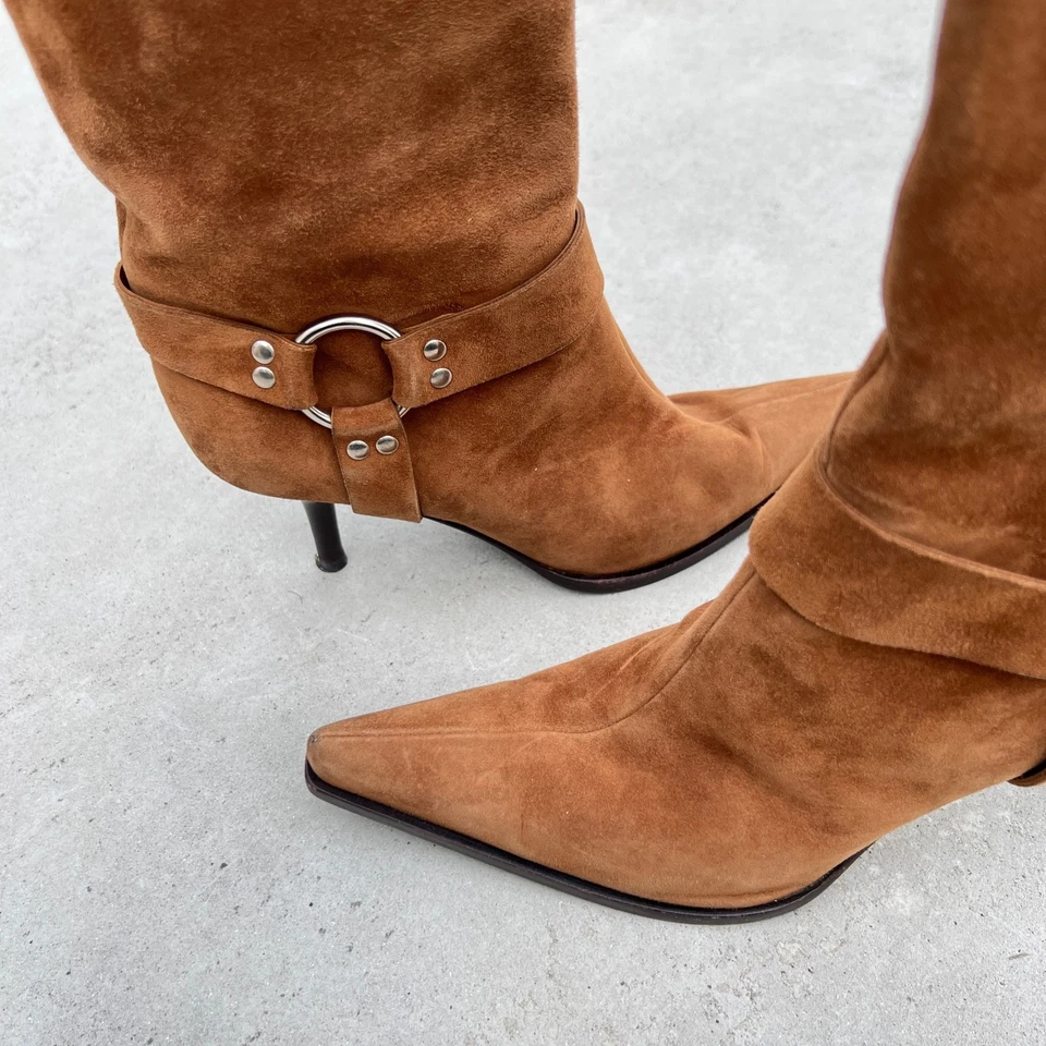 Sergio Rossi | Tan Suede Leather Pointed Mid Heel Western Cowboy Boots (37) - Image 4 of 4