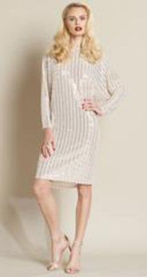 Clara Sun Woo Soft Stretch Knit Champagne Shimmer Dolman Sheath Tunic Dress Sz.S
