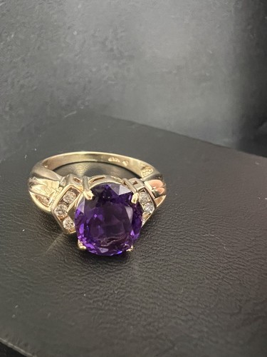 Anello in oro giallo 14 kt con diamanti tondi ametista ovale naturale 2,06 ct misura 8 4,9 GR - Foto 16 di 18