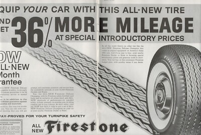 1961 FIRESTONE 2 Page Print Ad FIRESTONE DELUXE CHAMPION TIRES 36% MORE MILEAGE