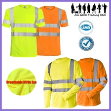 Hi Vis T Shirt ANSI Class 3 Reflective Safety Lime Short Long Sleeve Road Work