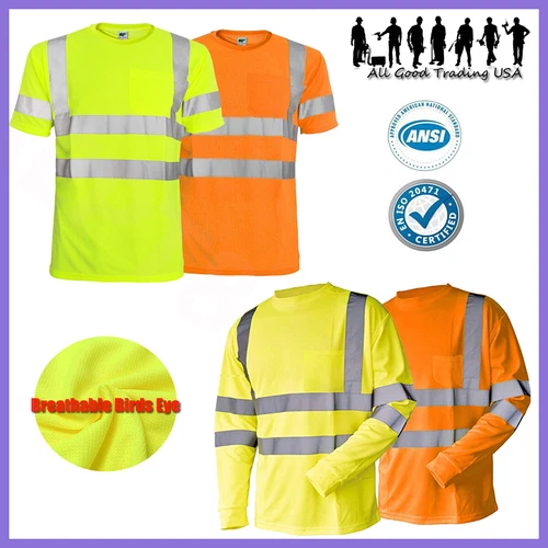 Hi Vis T Shirt ANSI Class 3 Reflective Safety Lime Short Long Sleeve Road Work - product listing photo