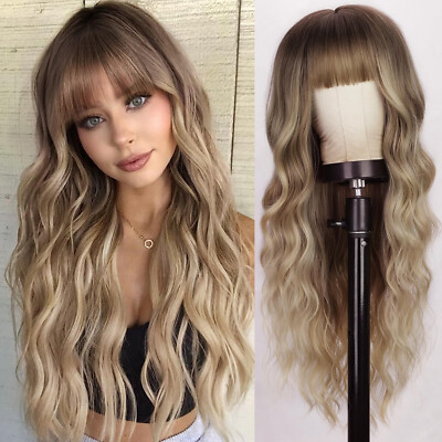 Lydia 24'' Ombre Dark Blonde Brown Mix Wig bangs root long wave daily party stage