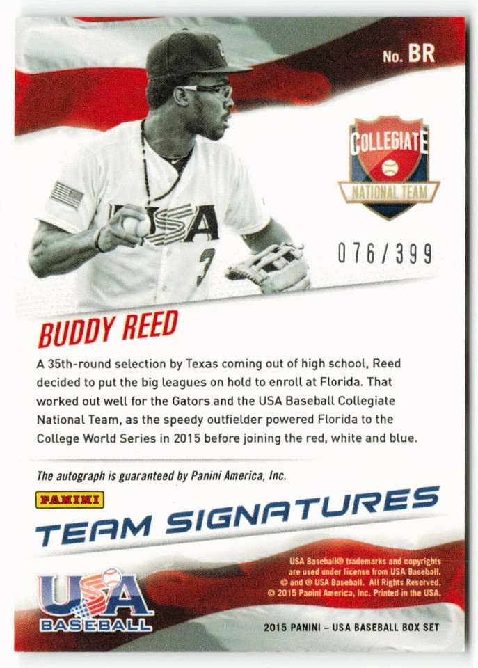 2015 Buddy Reed Panini USA Baseball Rookie Auto 076/399 - Image 2 of 2
