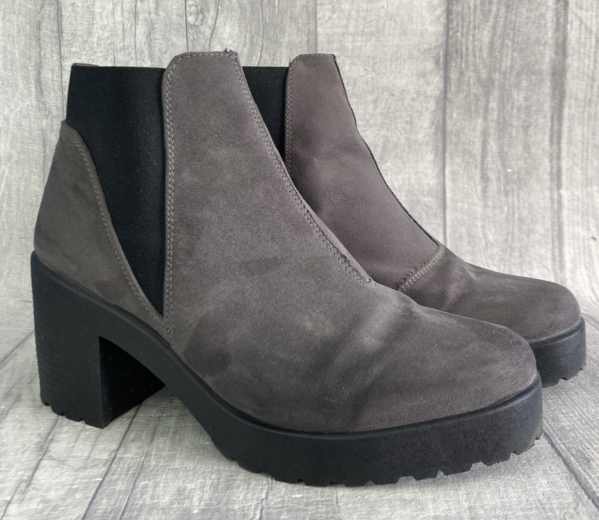Topshop Grey Chunky Block Heel Suedette Pull On Ankle Boots Size