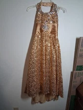 Formal Halter Dress Gold Sequin Jeweled Prom Glam High Low Lace Up Size Small