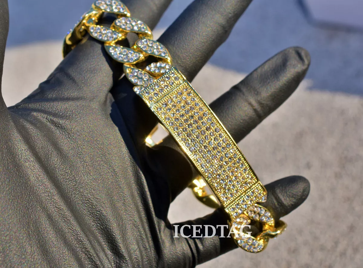 MENS ICED BLING ED OUT CUBAN LINK BRACELET CZ 14K GOLD PLATED HIP HOP BRACELET