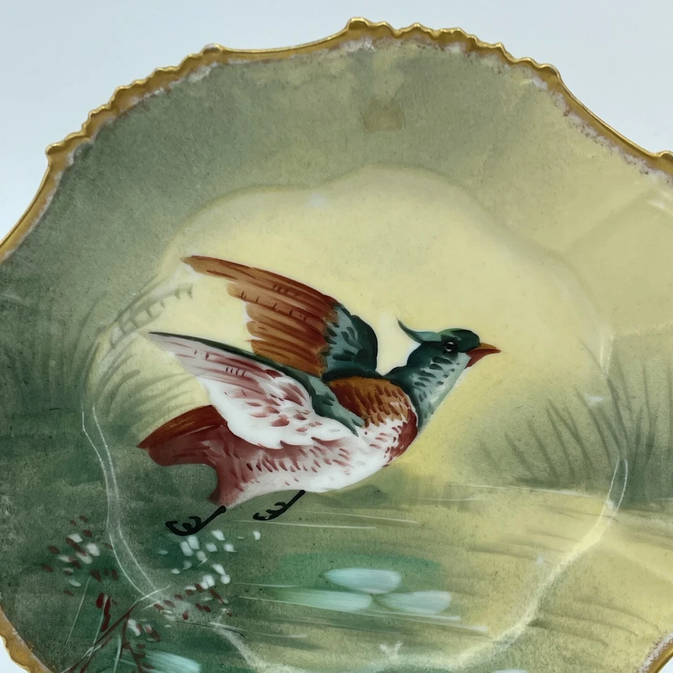 Декоративное искусство французская пластина ЛИМОЖ 8,75 дюйма с ручной росписью утка с подписью Сена золотой ободок - Изображение 2 из 4