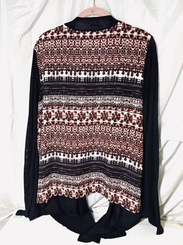 Cato Misses Lg Black Front/Geometric Print Back-Open Lightweight Cardigan NWT