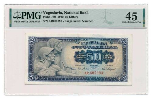 YUGOSLAVIA banknote 50 Dinara 1965 large serial number PMG grade XF 45 - Picture 1 of 2