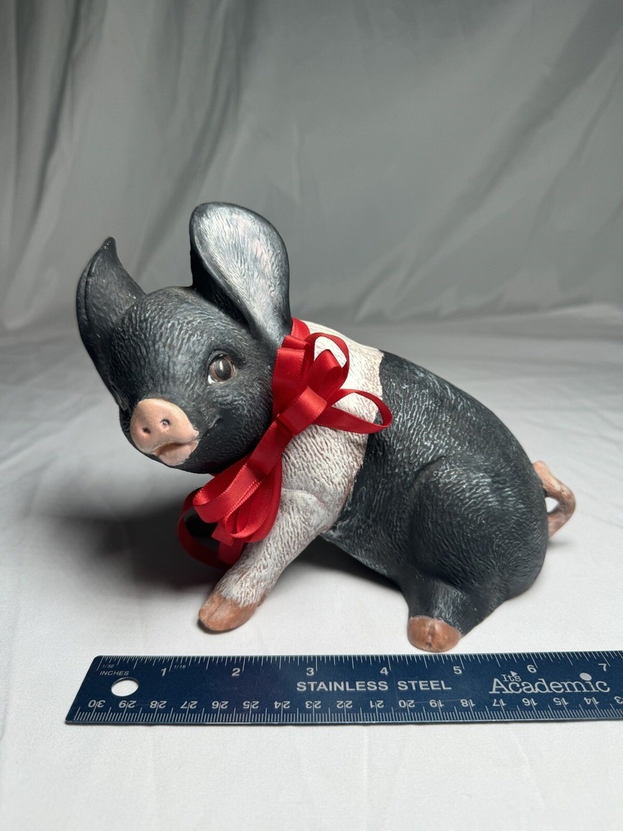 Ceramic Pig Figurine 6.5 Inches Red Bow Prize Pig Black & White