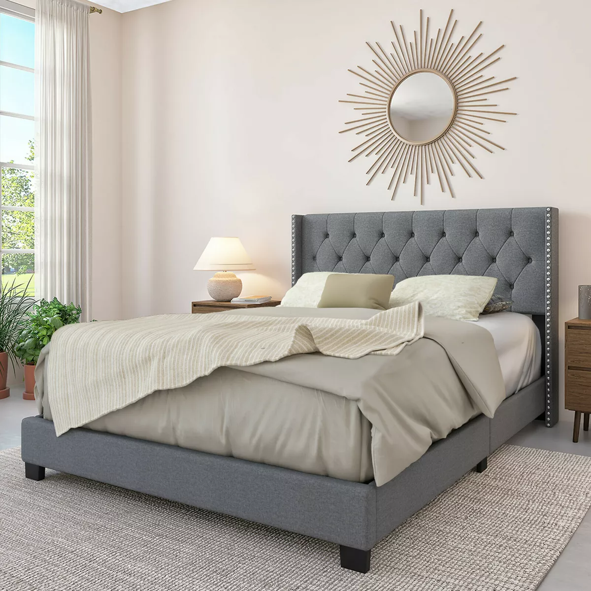 Tufted wingback bed sale with nailhead trim
