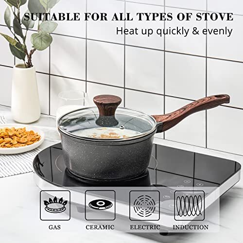 Nonstick Sauce Pan with Lid, 1.5QT Small Pot with Swiss 1.5 QT Gray Granite - Picture 3 of 7